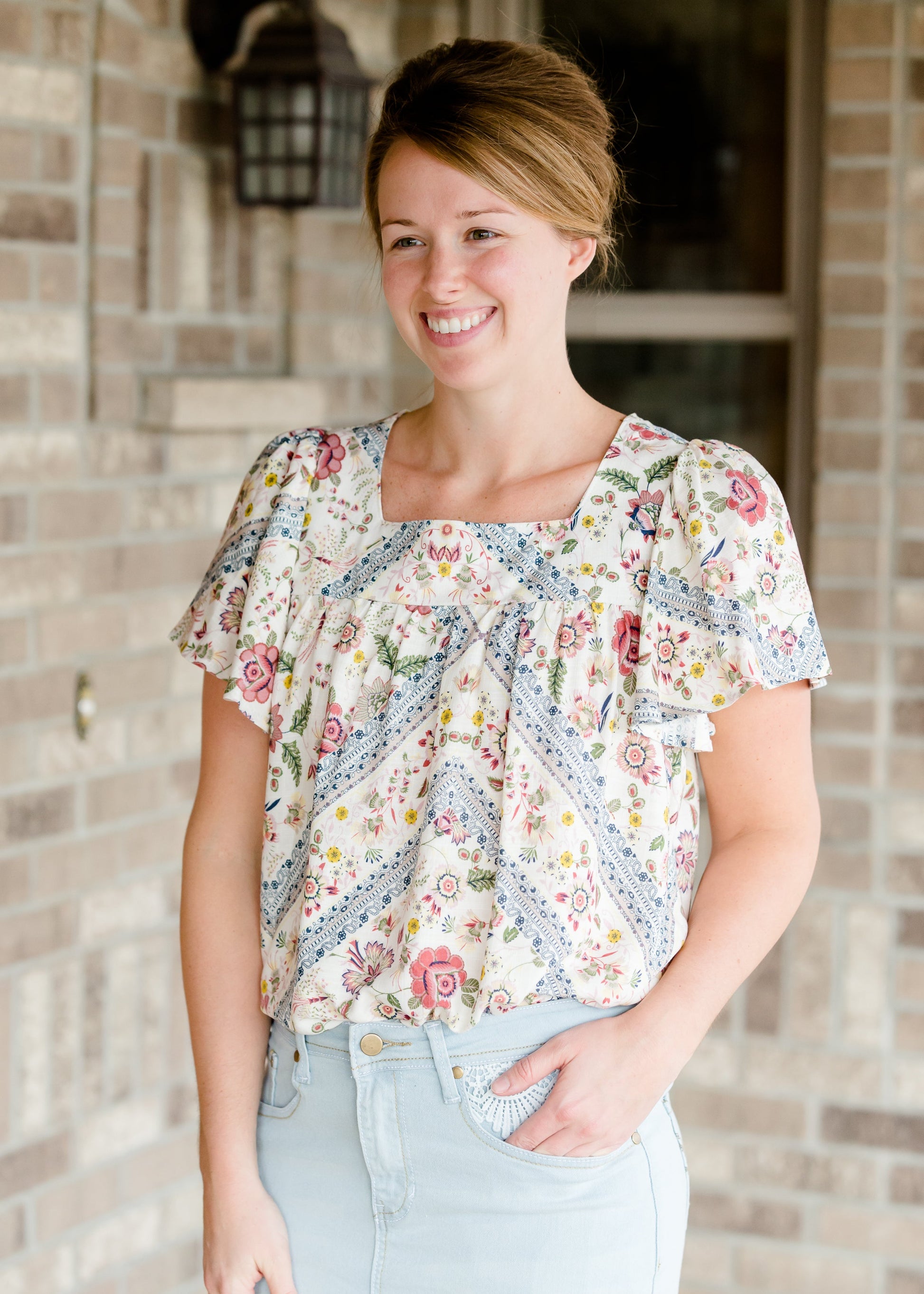 Geometric Floral Short Sleeve Top - FINAL SALE Tops