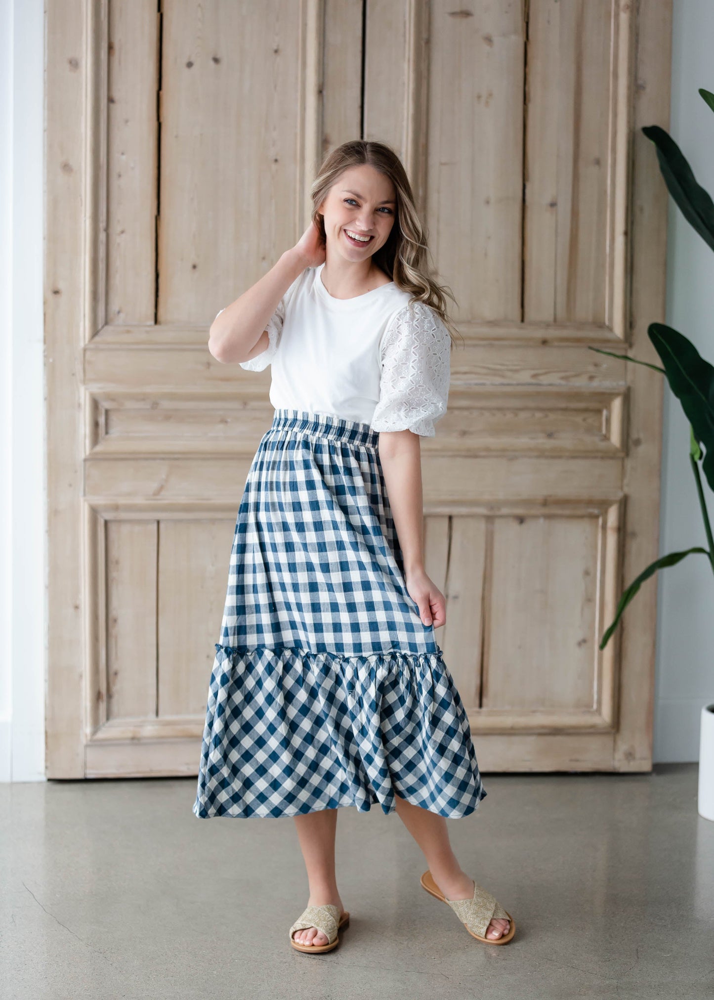 Gingham Navy Blue Midi Skirt Skirts Hayden