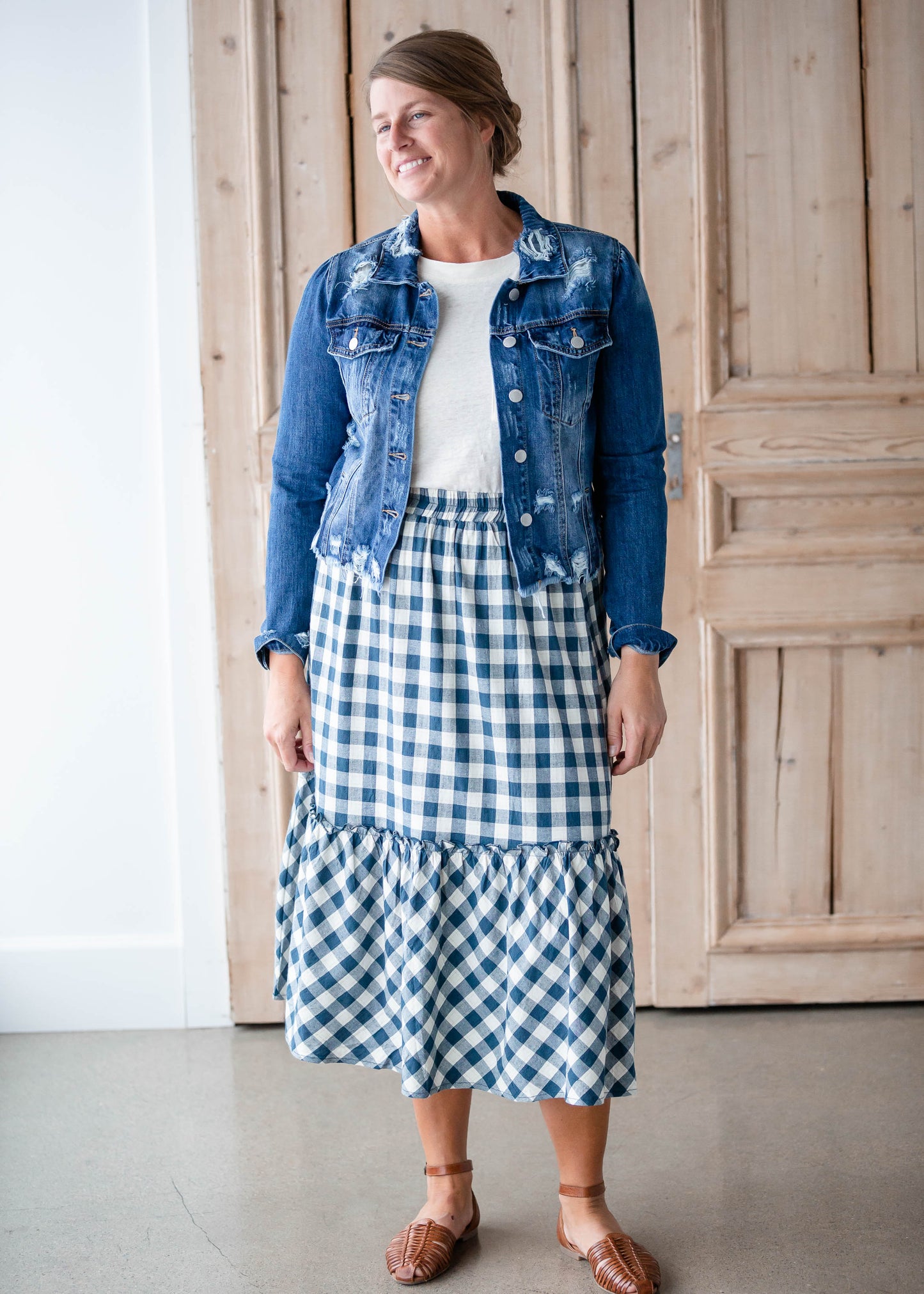 Gingham Navy Blue Midi Skirt Skirts Hayden