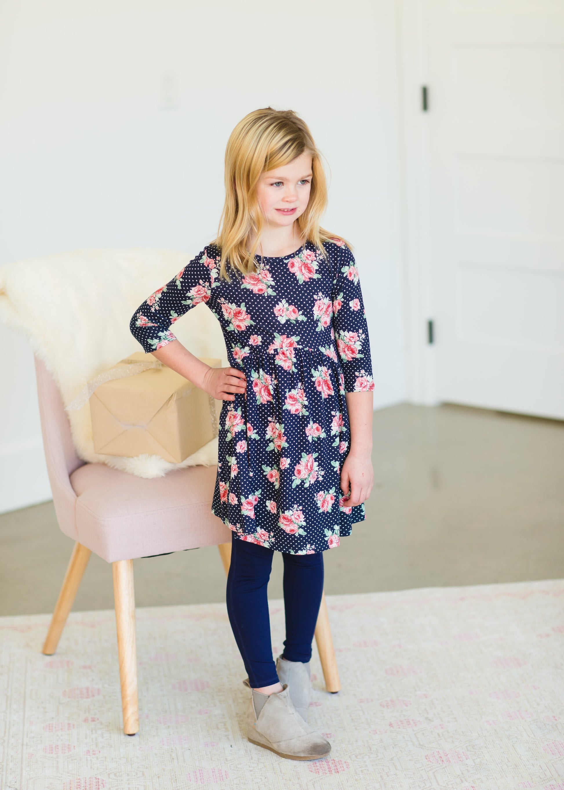 Girl's Navy Blush Floral Midi Dress - FINAL SALE Girls