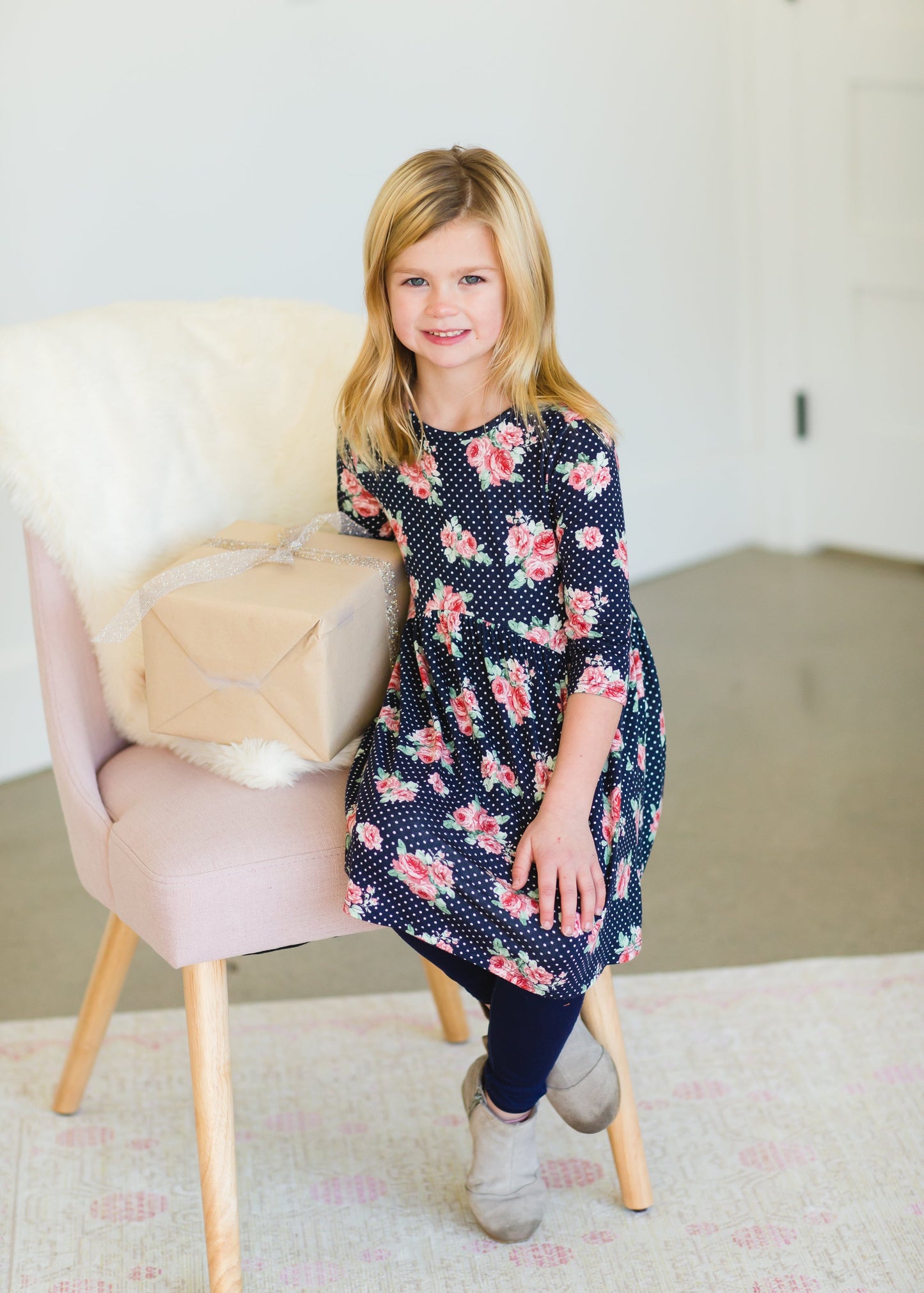 Girl's Navy Blush Floral Midi Dress - FINAL SALE Girls