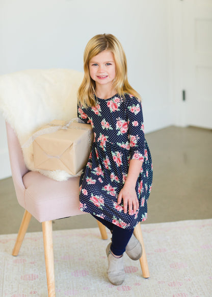 Girl's Navy Blush Floral Midi Dress - FINAL SALE Girls