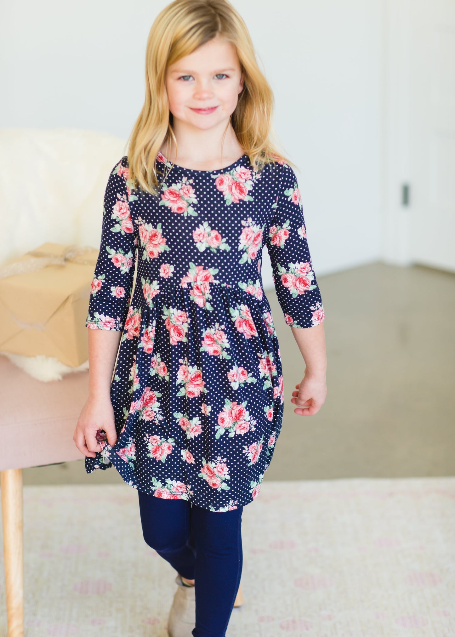 Girl's Navy Blush Floral Midi Dress - FINAL SALE Girls