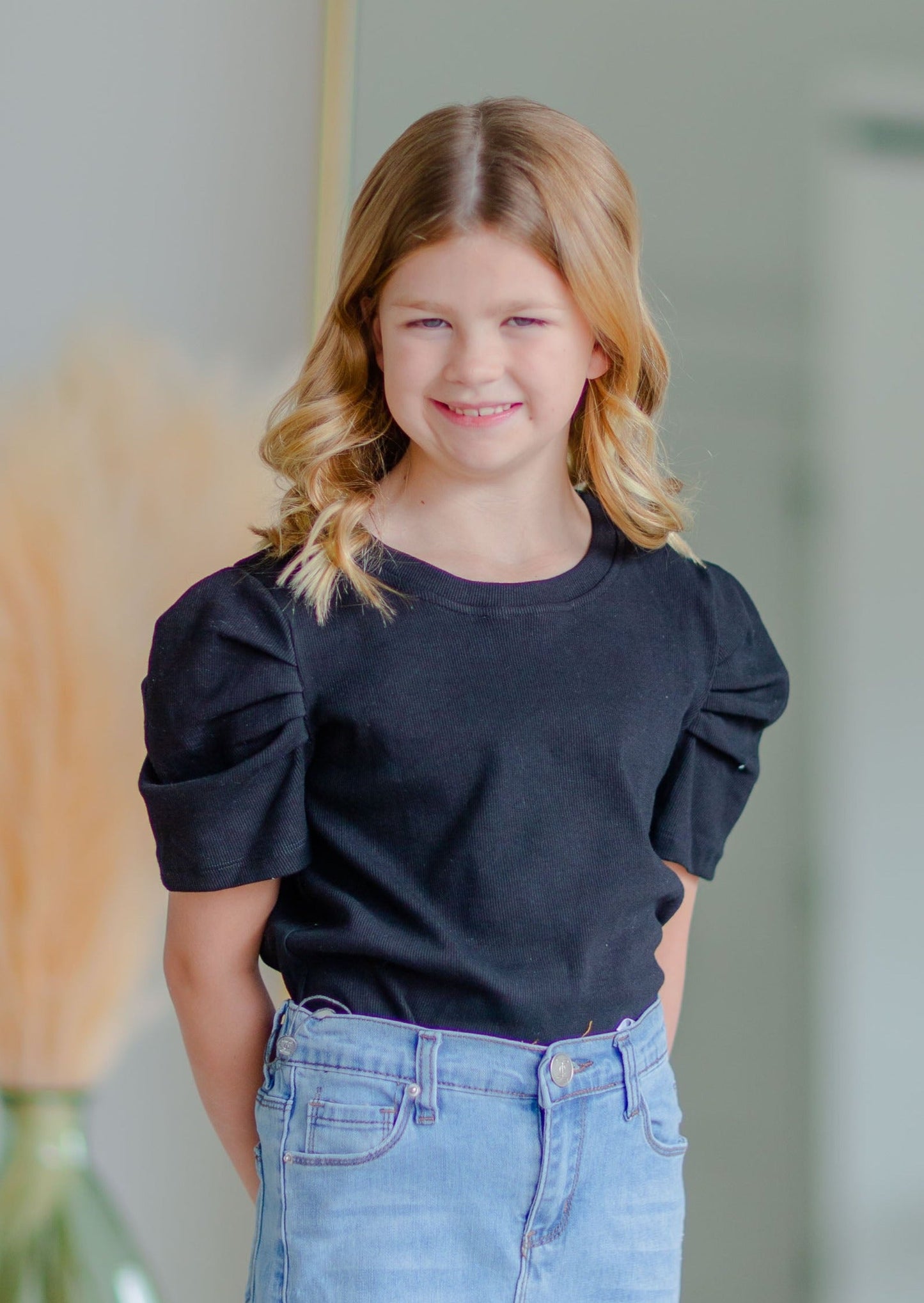 Girls Black Puff Sleeve Top Girls