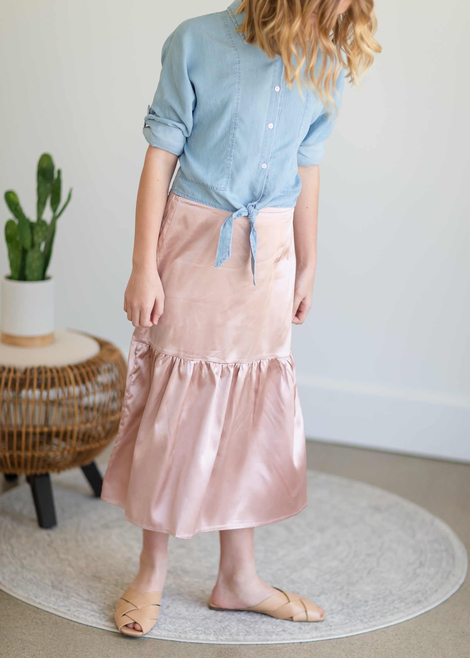 Girls Blush Satin Tiered Midi Skirt - FINAL SALE Girls