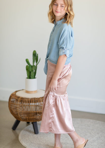 Girls Blush Satin Tiered Midi Skirt - FINAL SALE Girls