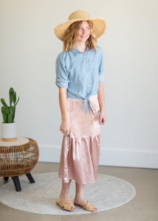 Girls Blush Satin Tiered Midi Skirt - FINAL SALE Girls