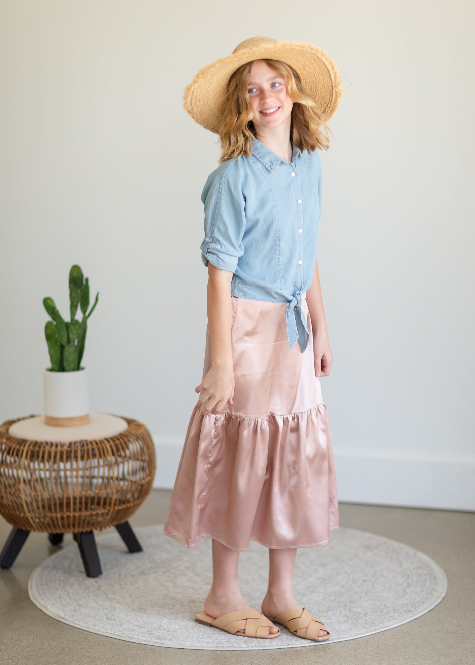 Girls Blush Satin Tiered Midi Skirt - FINAL SALE Girls