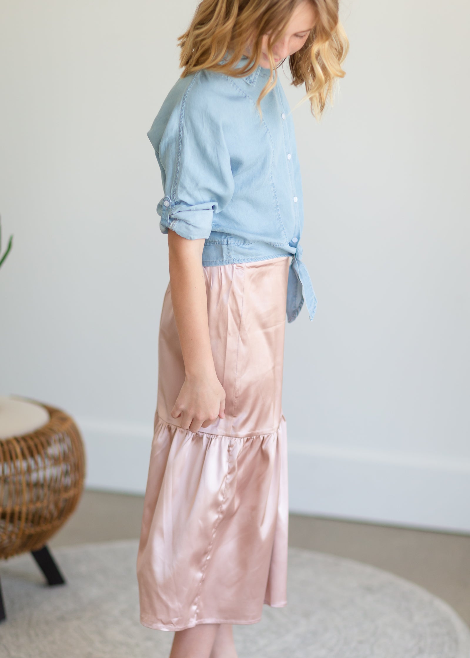 Girls Blush Satin Tiered Midi Skirt - FINAL SALE Girls