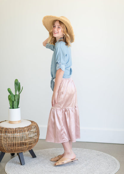 Girls Blush Satin Tiered Midi Skirt - FINAL SALE Girls