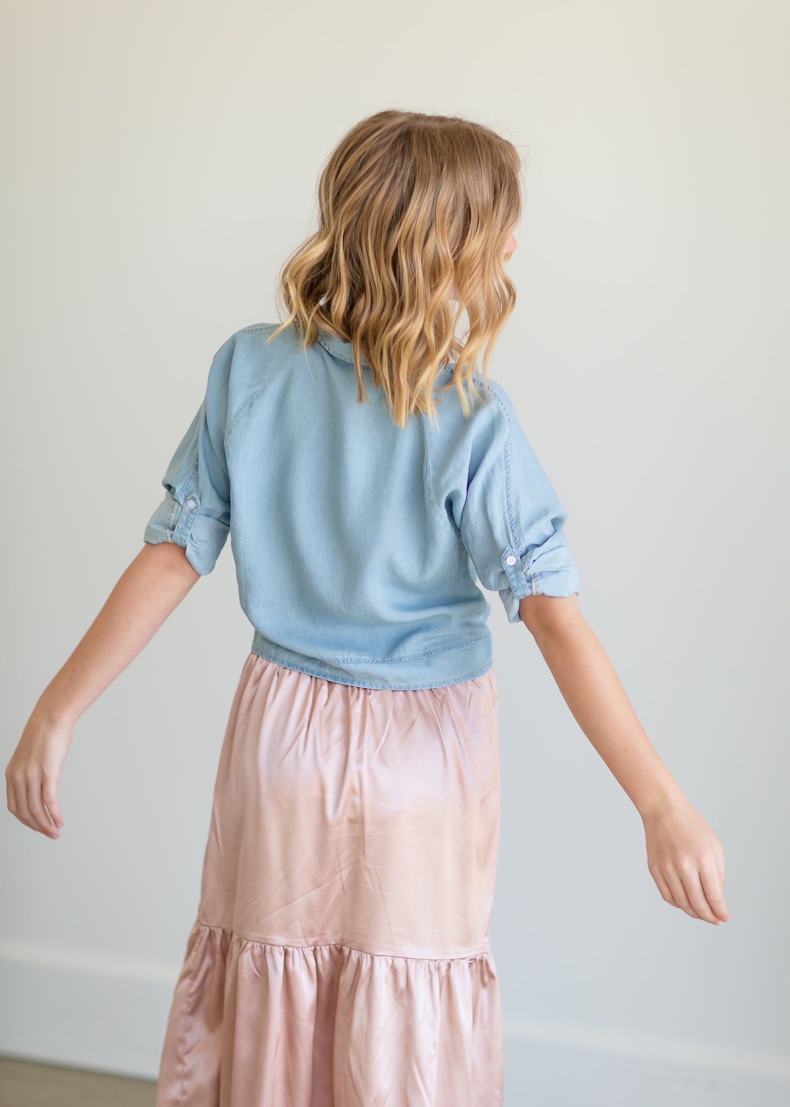 Girls Blush Satin Tiered Midi Skirt - FINAL SALE Girls