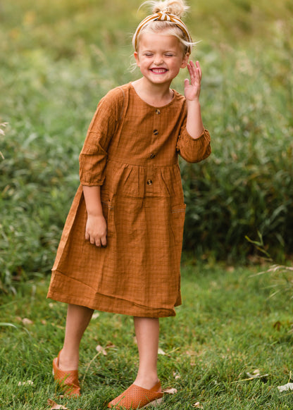 Girls Brown Button Front Midi Dress Dresses