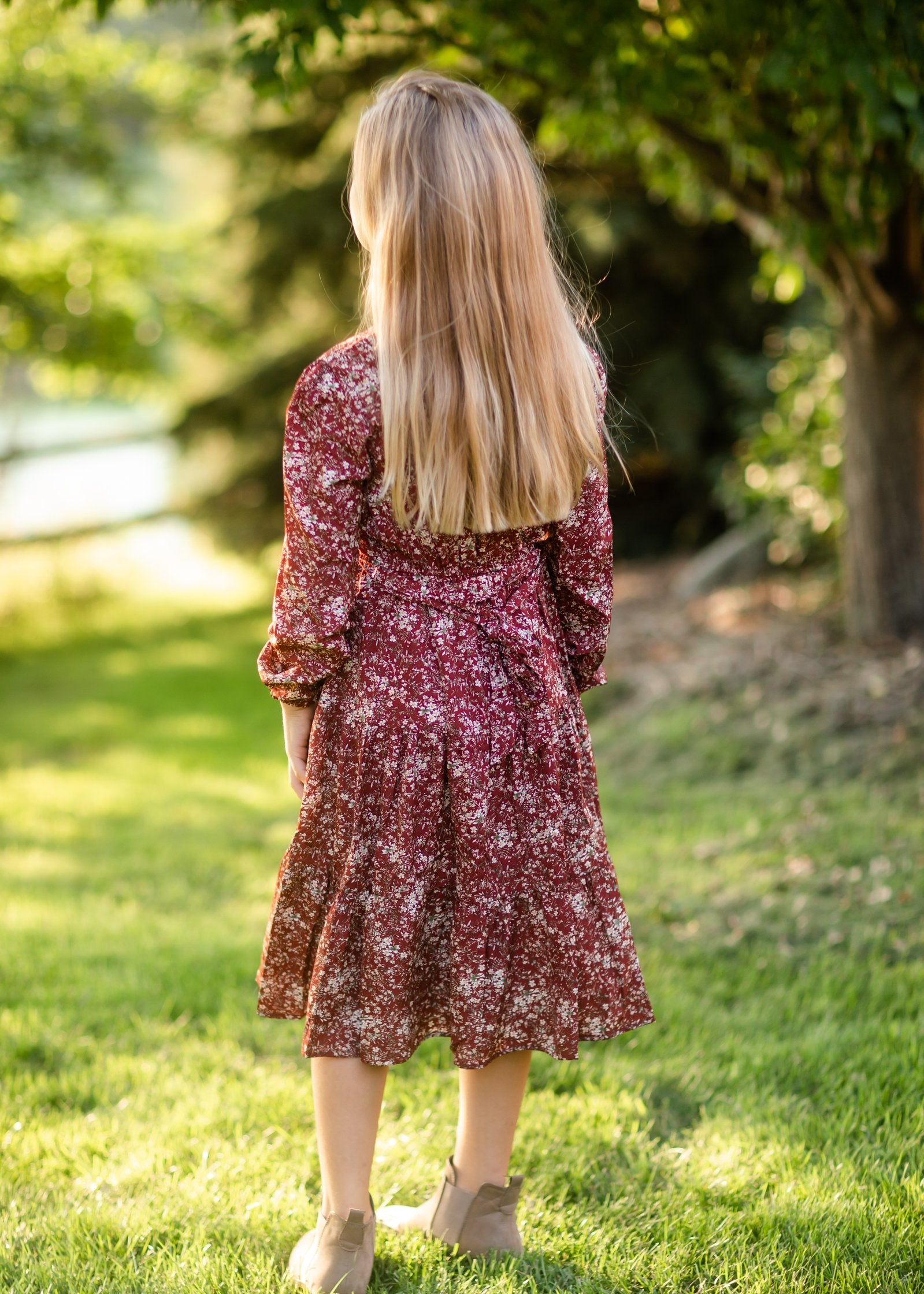 Girls Burgandy Square Neck Puff Sleeve Belted Dress Girls Hayden Los Angeles