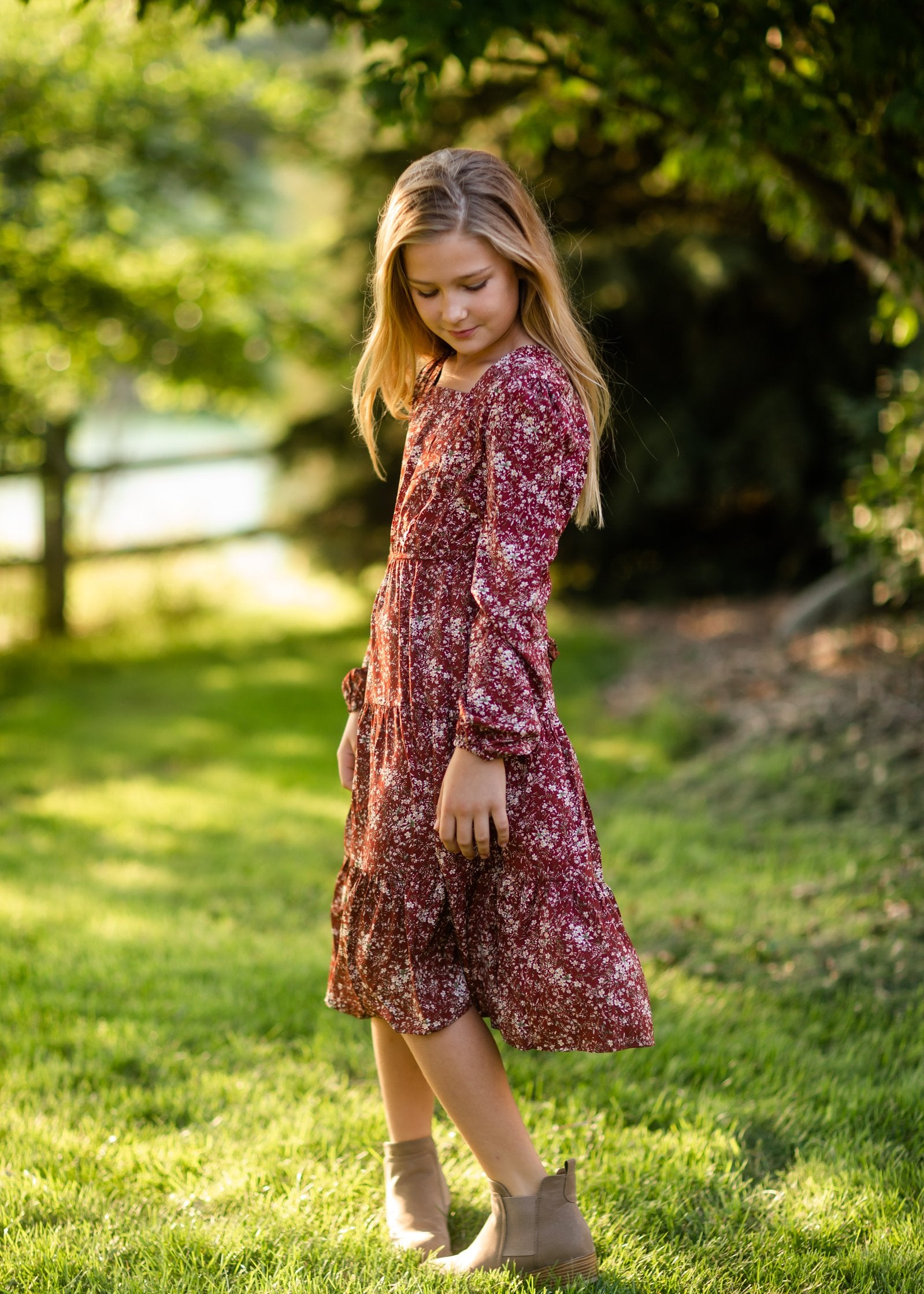 Girls Burgandy Square Neck Puff Sleeve Belted Dress Girls Hayden Los Angeles