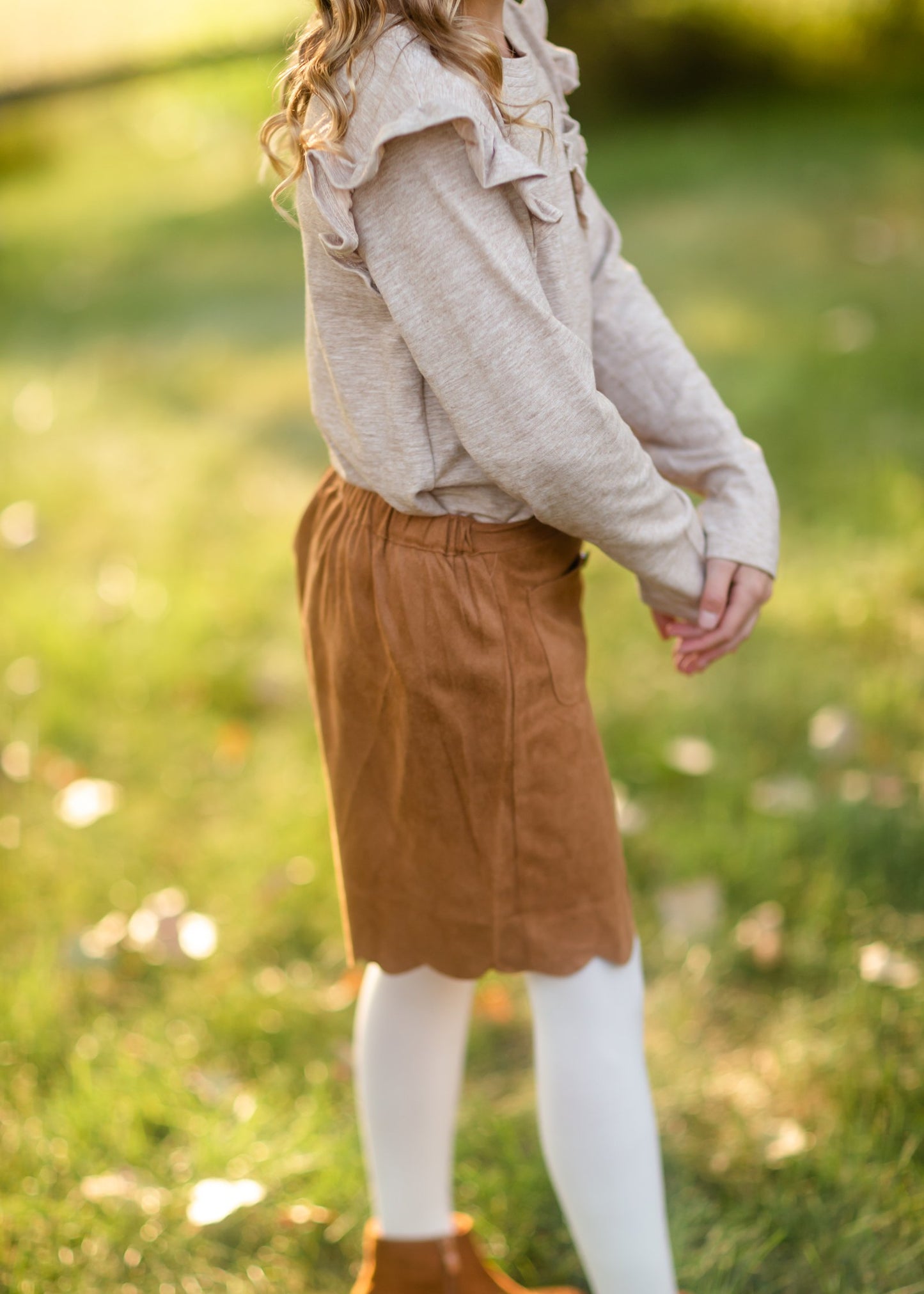 Girls Button Detail Camel Scalloped Midi Skirt Girls Hayden Los Angeles