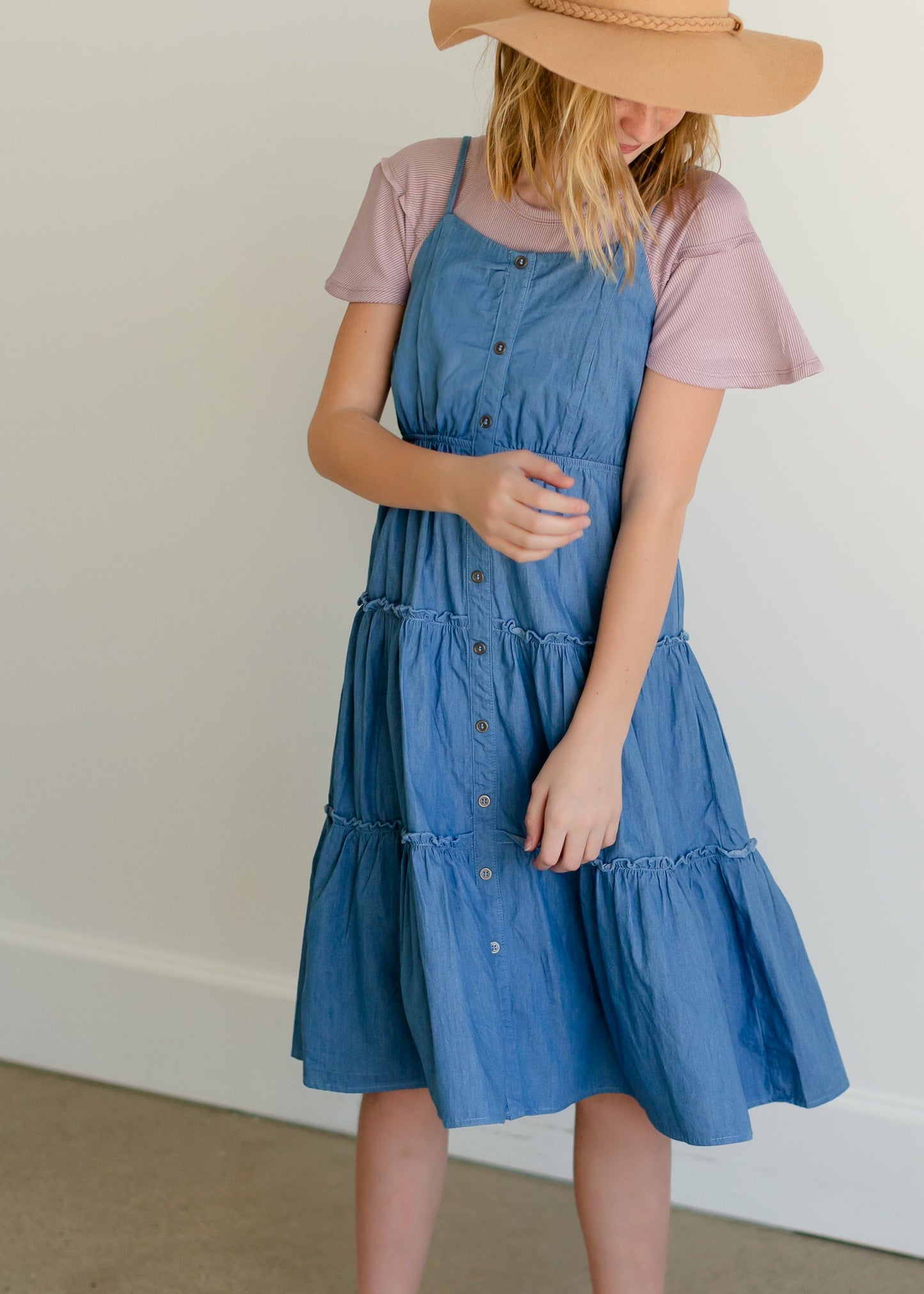 Girls Denim Button Front Tiered Midi Dress - FINAL SALE Girls