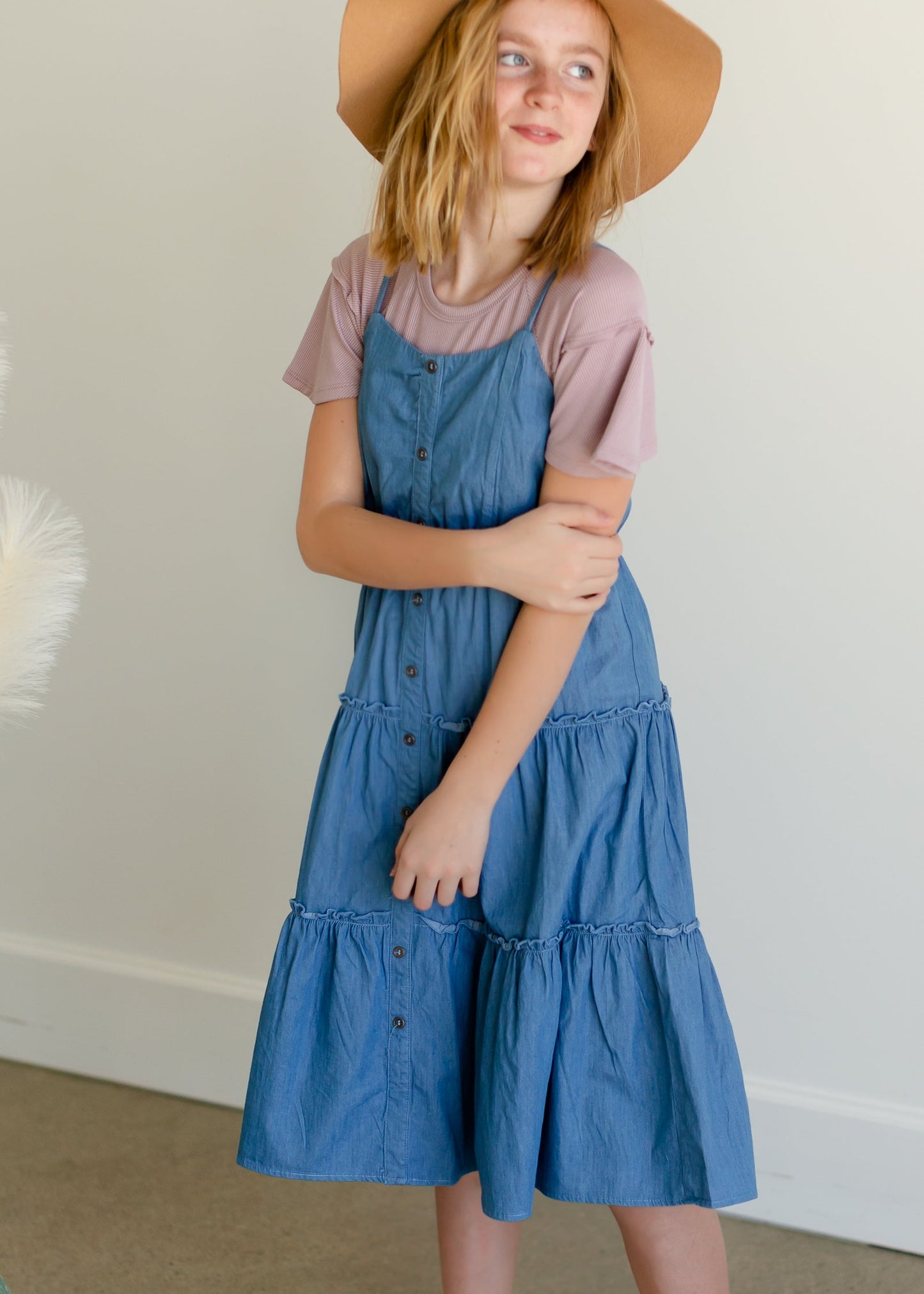 Girls Denim Button Front Tiered Midi Dress - FINAL SALE Girls