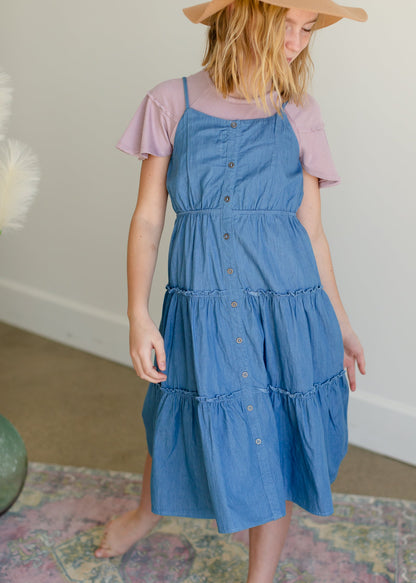 Girls Denim Button Front Tiered Midi Dress - FINAL SALE Girls