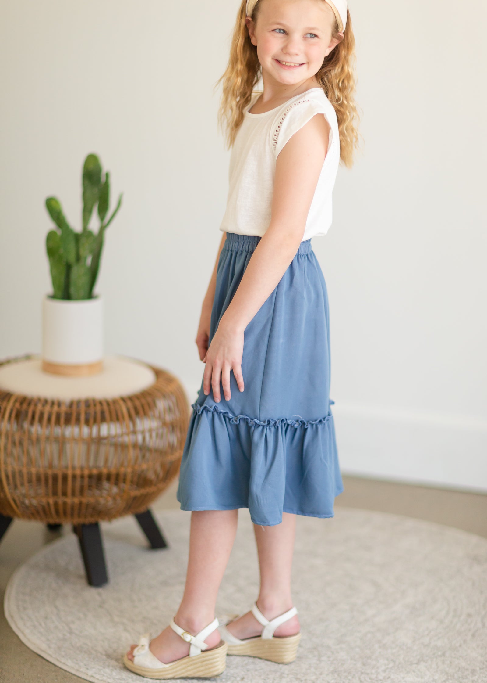 Girls Dusty Denim Ruffle Midi Skirt Girls