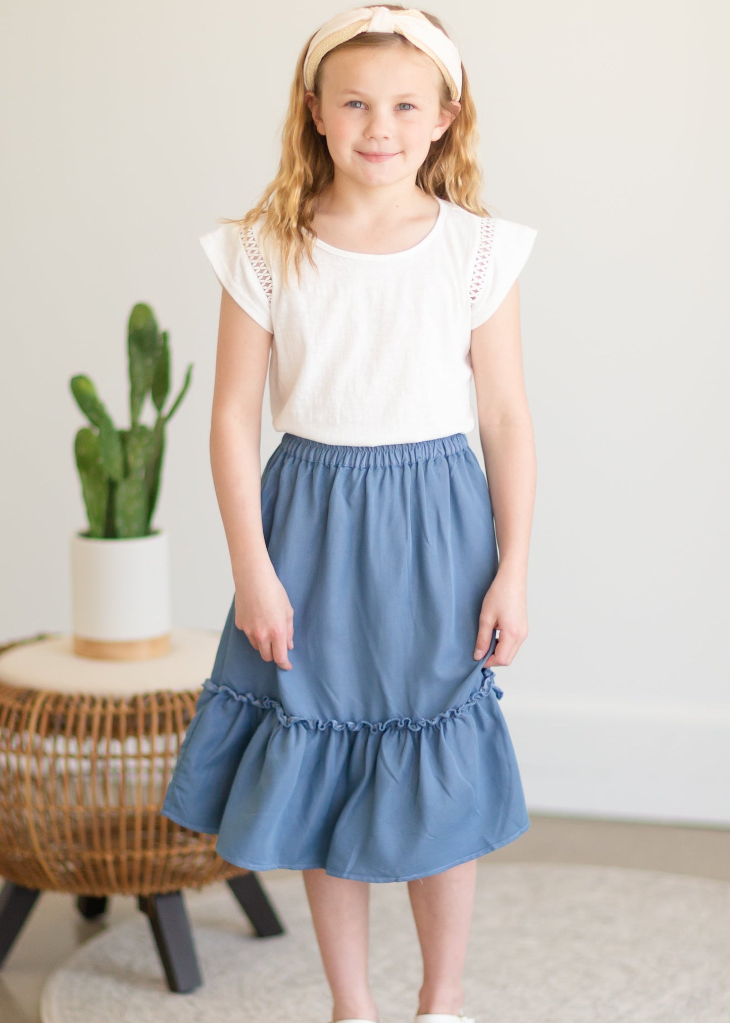 Girls Dusty Denim Ruffle Midi Skirt Girls