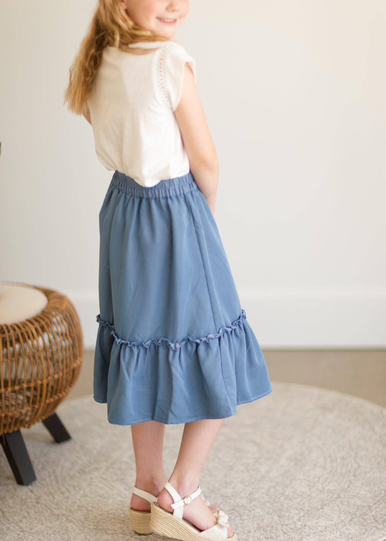 Girls Dusty Denim Ruffle Midi Skirt Girls