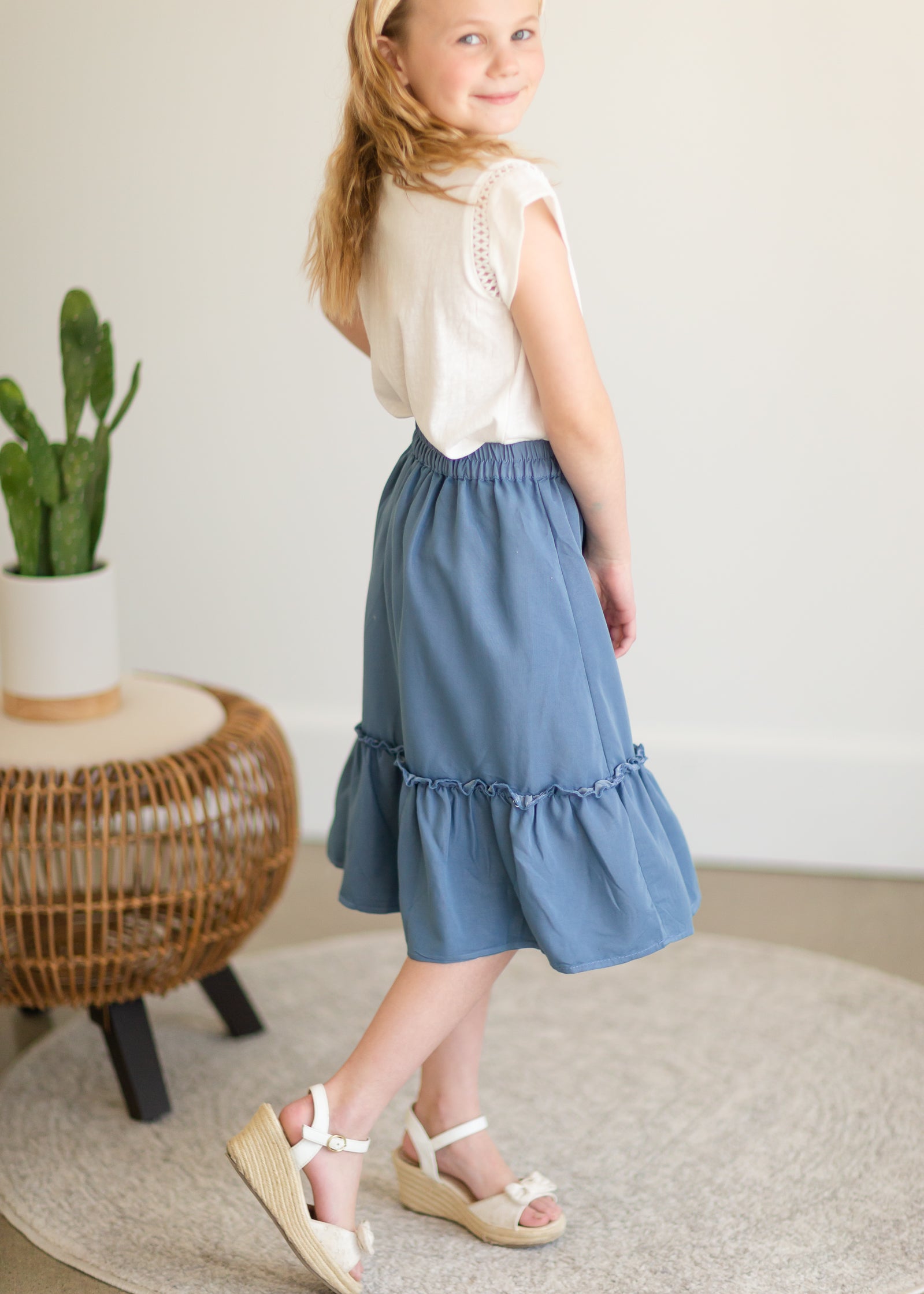 Girls Dusty Denim Ruffle Midi Skirt Girls