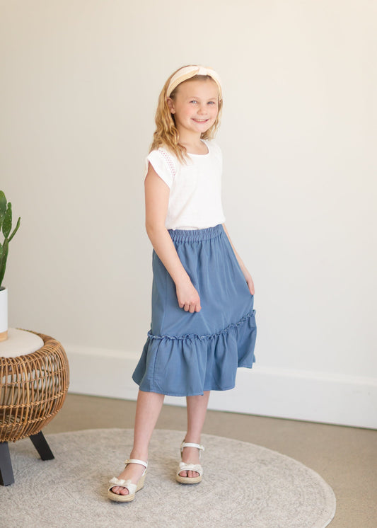 Girls Dusty Denim Ruffle Midi Skirt Girls