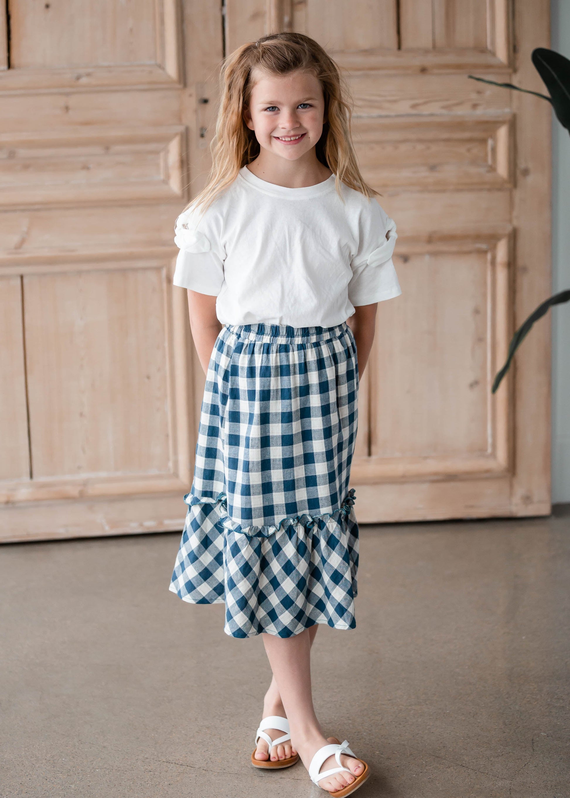 Girls Gingham Navy Blue Midi Skirt Girls Hayden