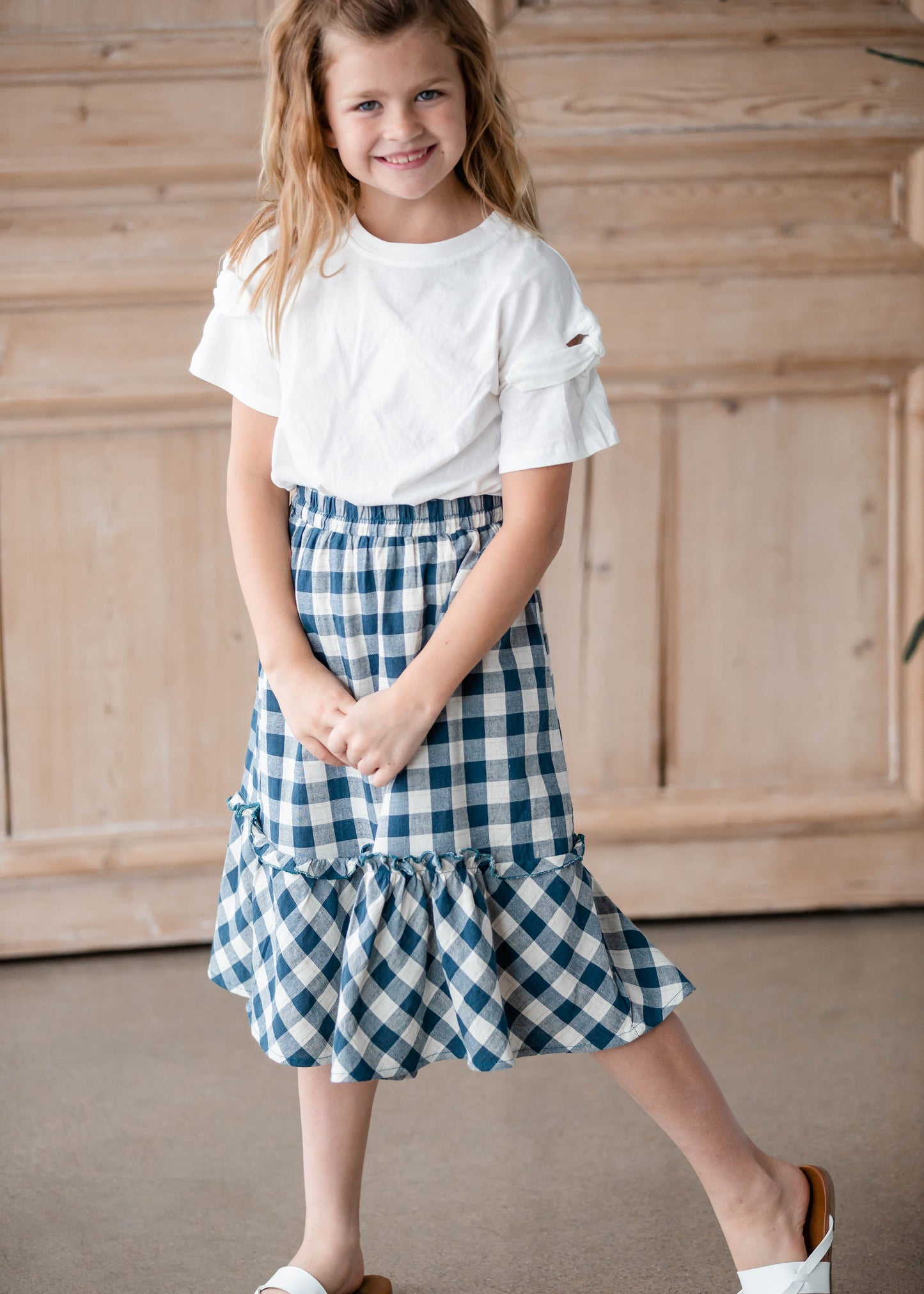 Girls Gingham Navy Blue Midi Skirt Girls Hayden