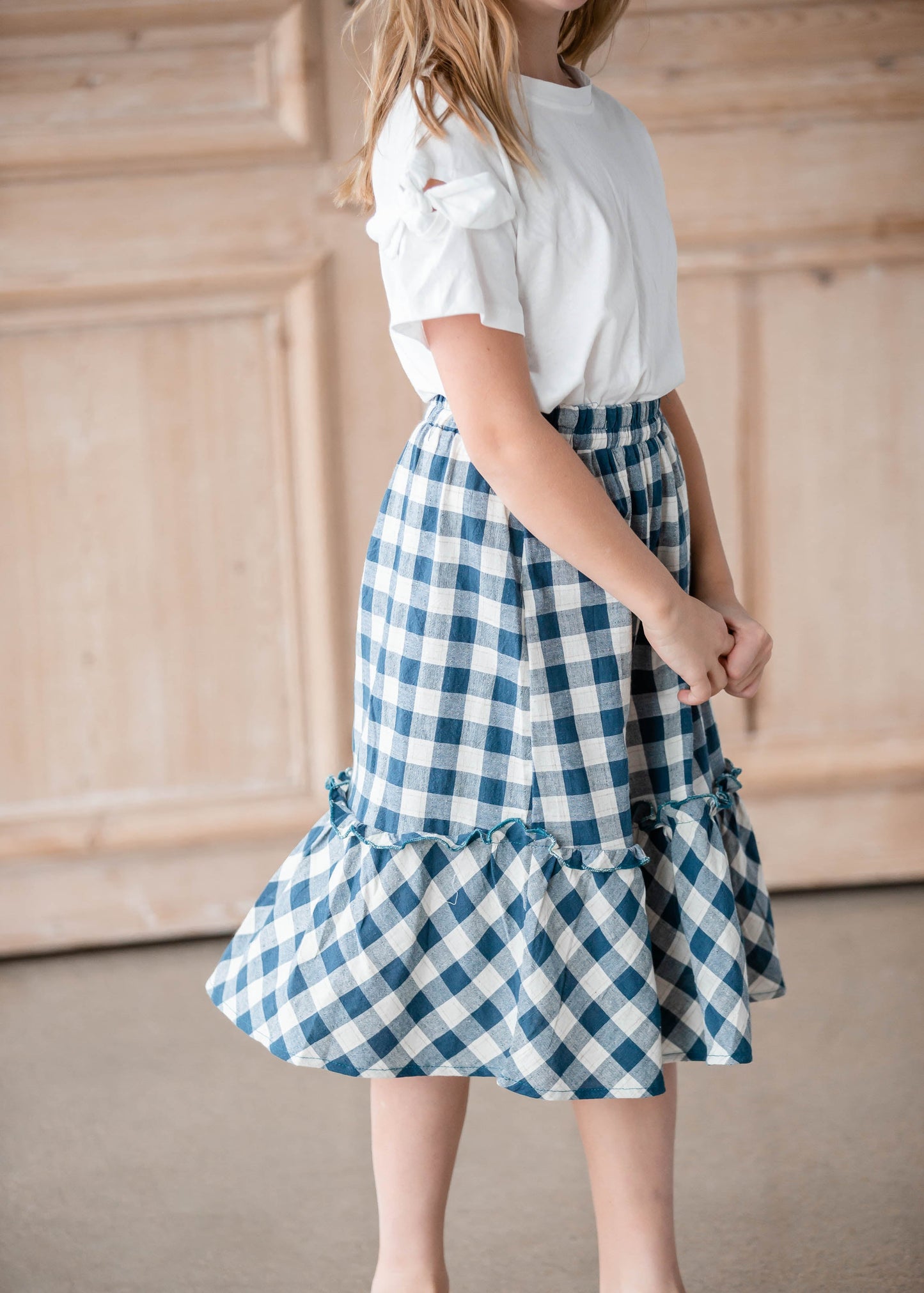 Girls Gingham Navy Blue Midi Skirt Girls Hayden