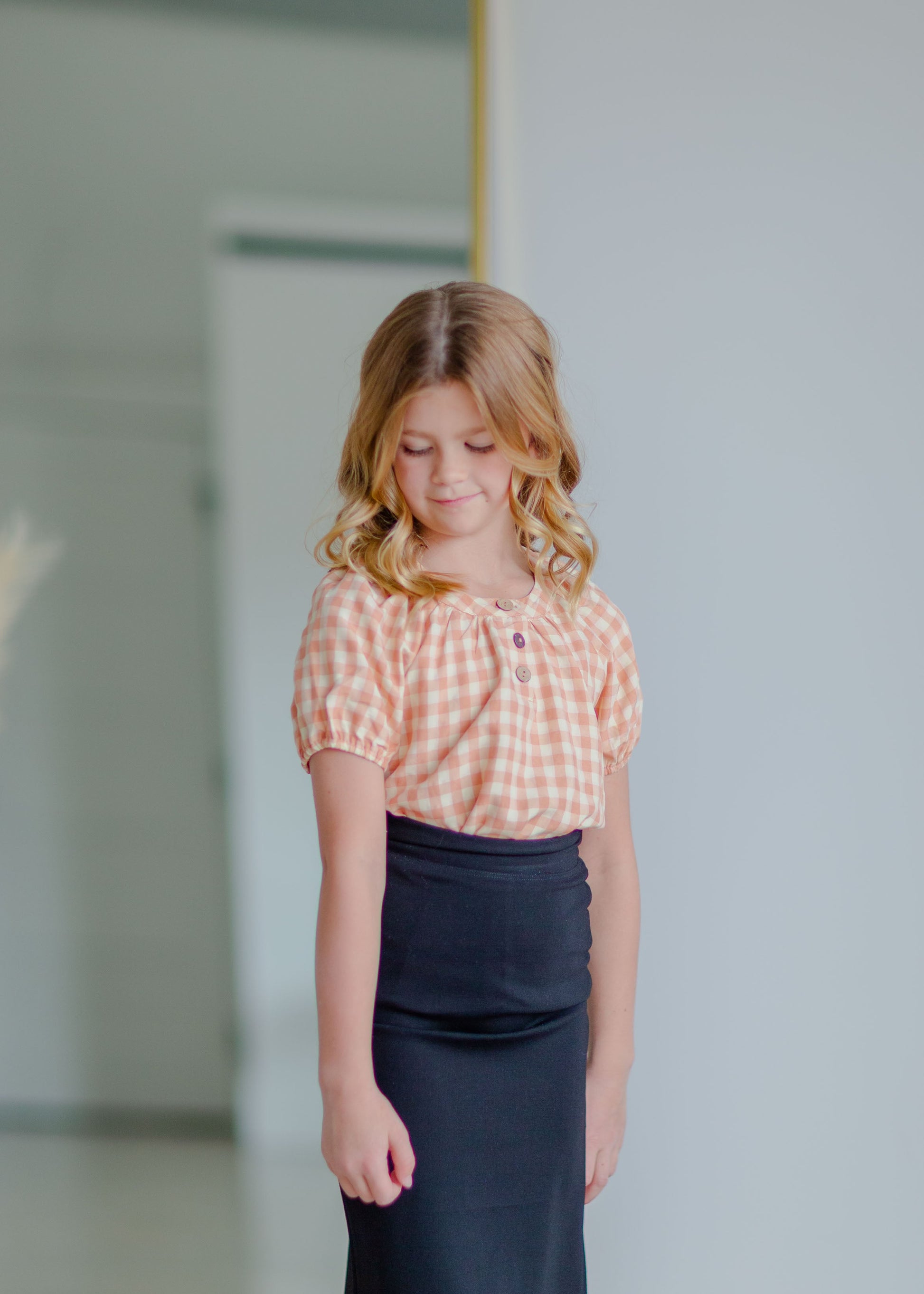 Girls Gingham Peach Blouse Girls Hayden