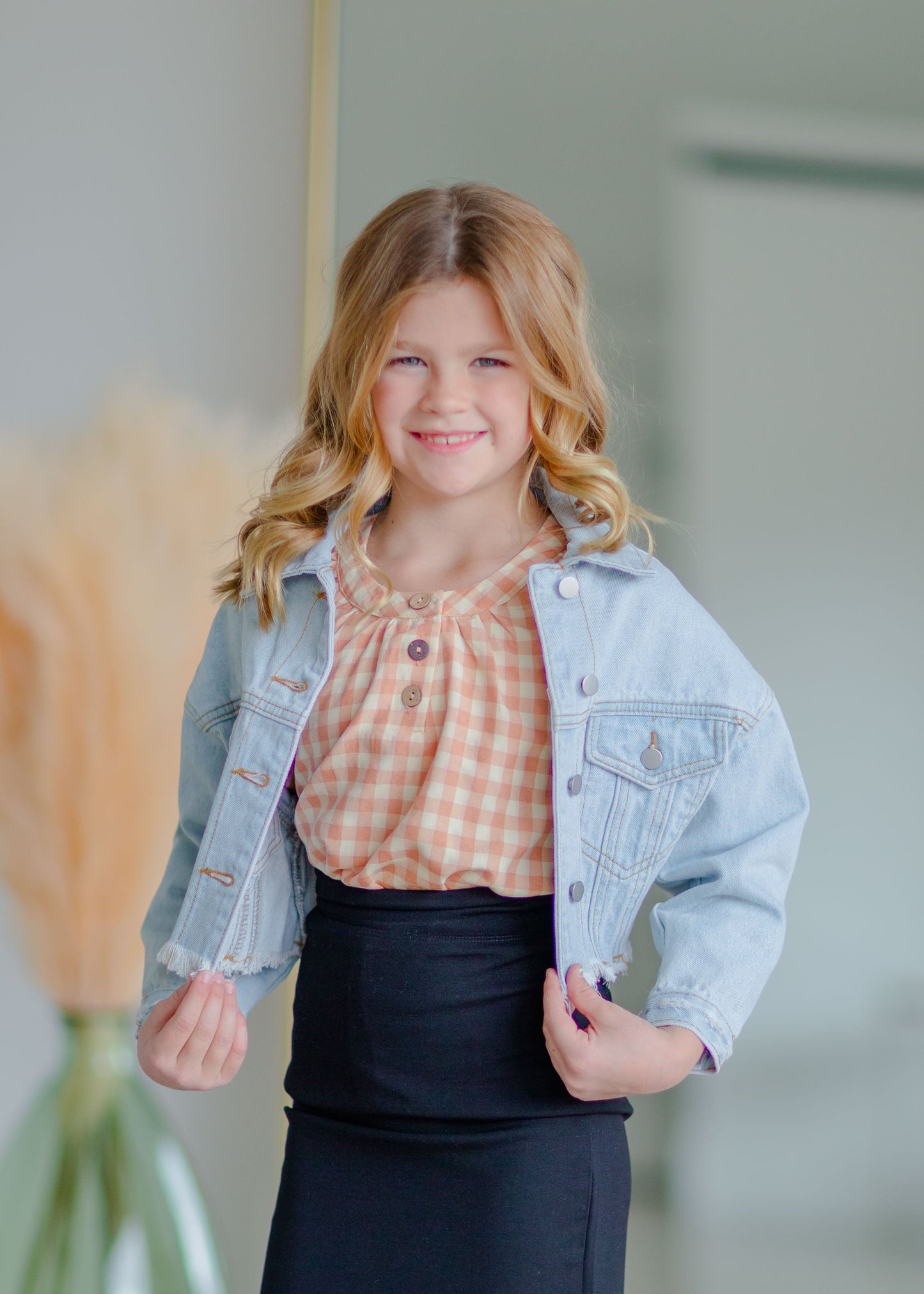 Girls Gingham Peach Blouse Girls Hayden