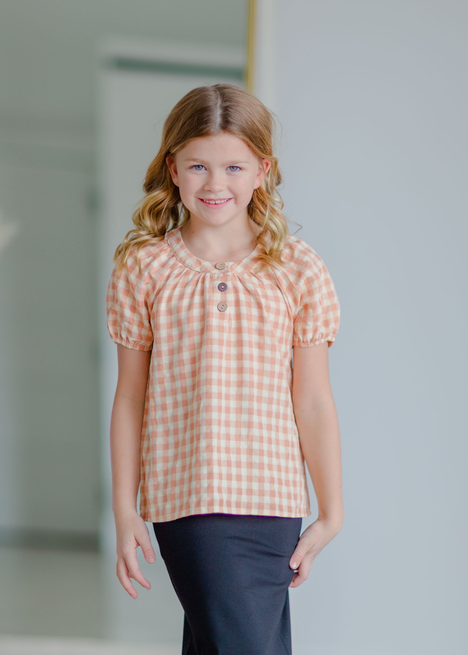 Girls Gingham Peach Blouse Girls Hayden