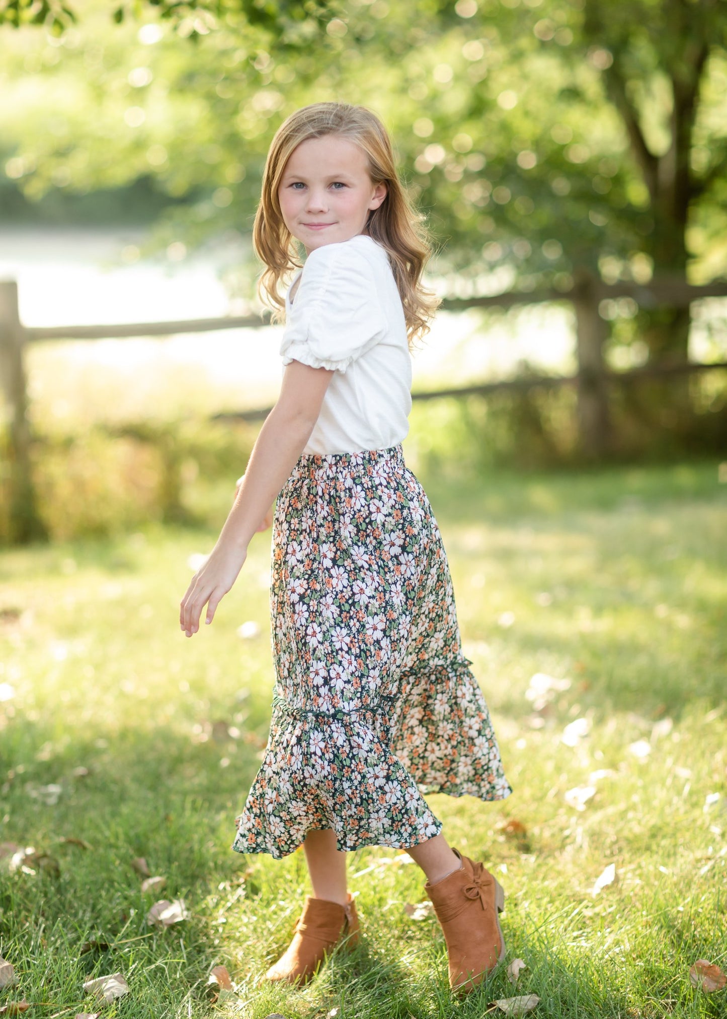 Girls Green Floral Pleated Ruffled Skirt Skirts Hayden