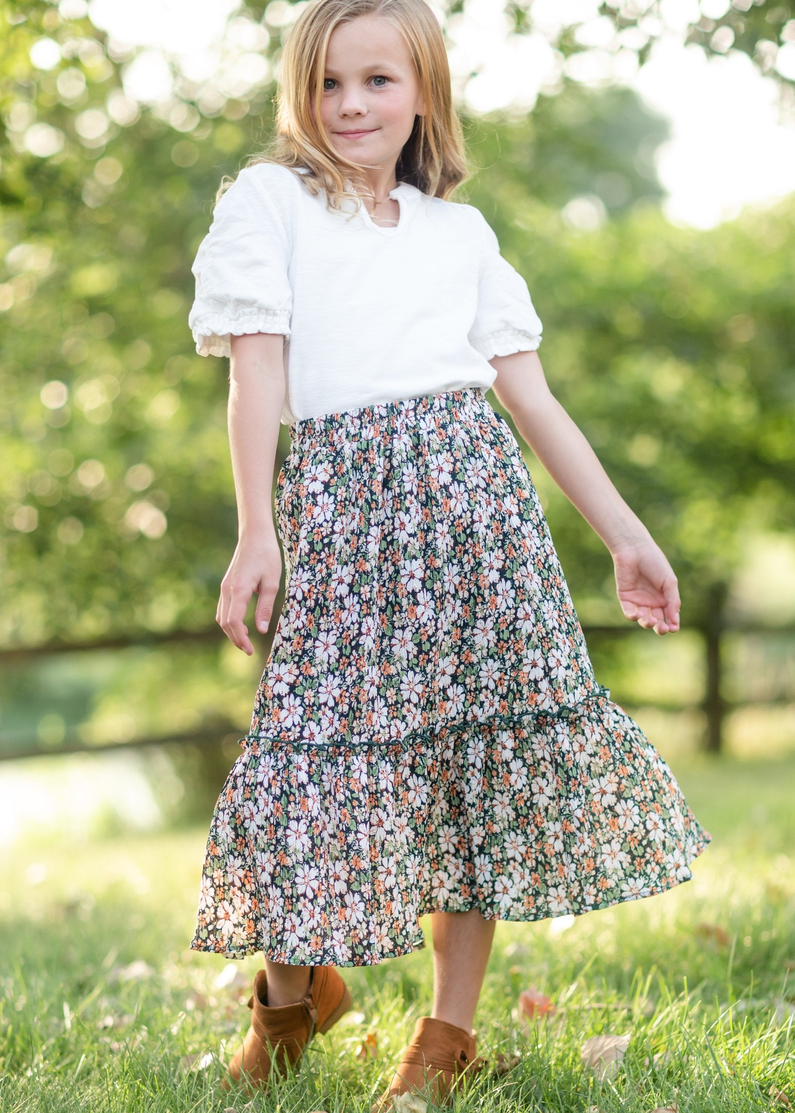 Girls Green Floral Pleated Ruffled Skirt Skirts Hayden