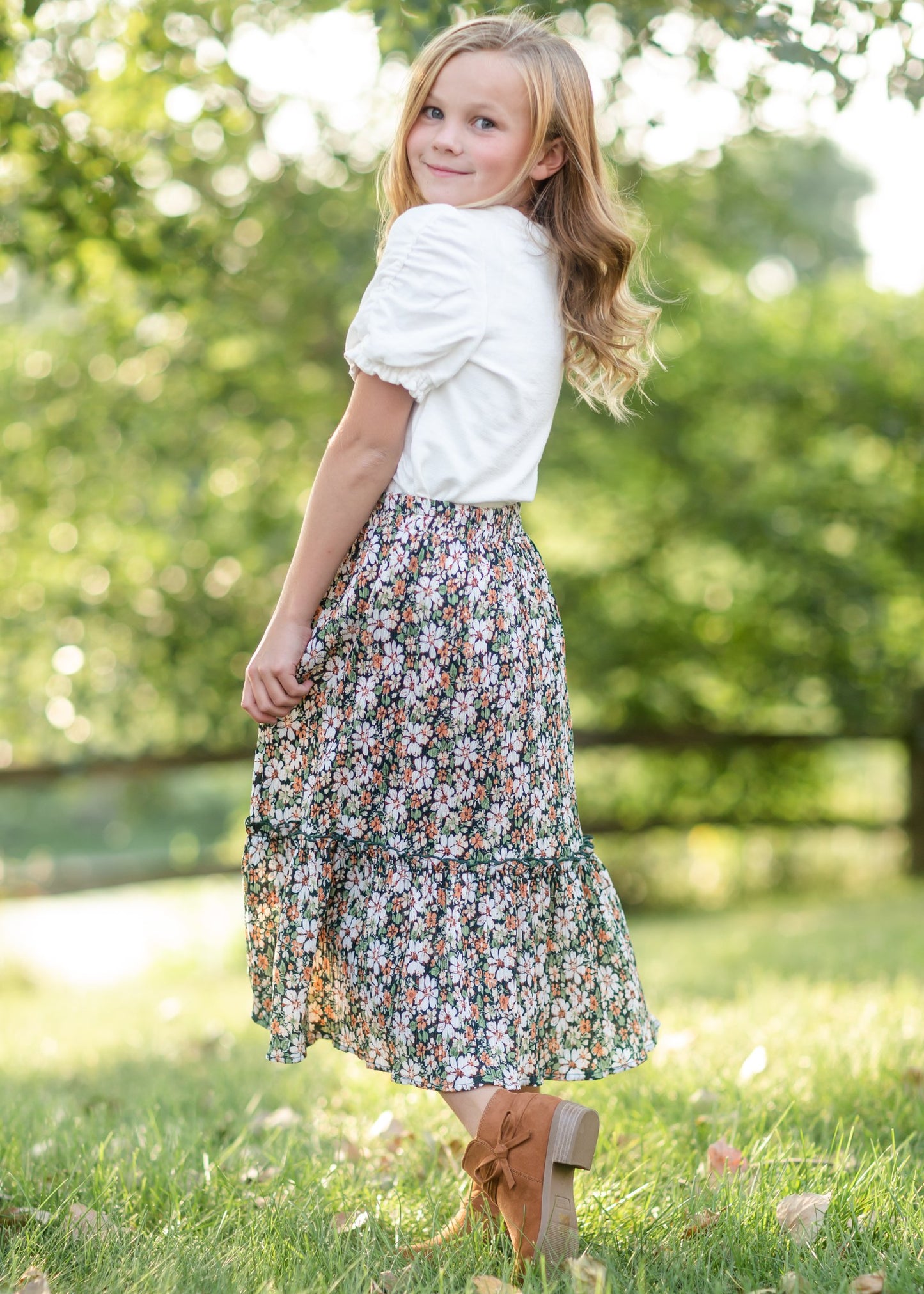 Girls Green Floral Pleated Ruffled Skirt Skirts Hayden