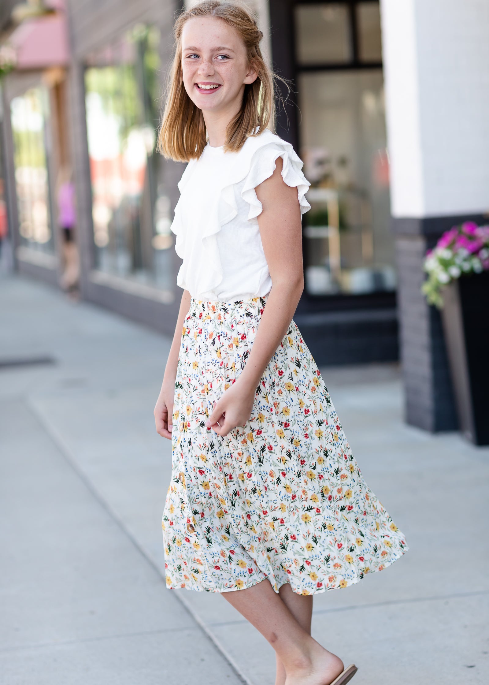 Girls Ivory Bright Floral Midi Skirt Skirts