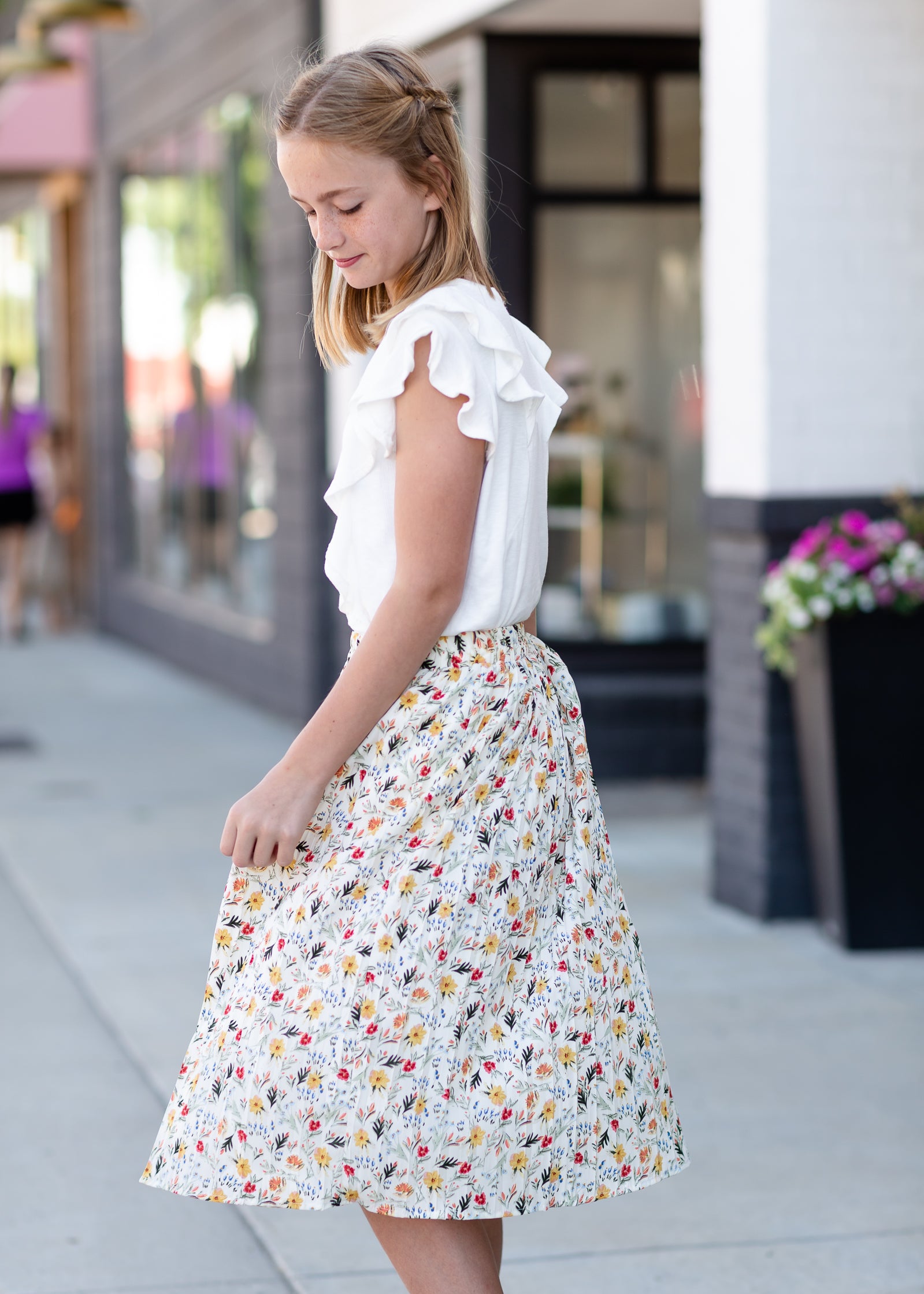 Girls Ivory Bright Floral Midi Skirt Skirts