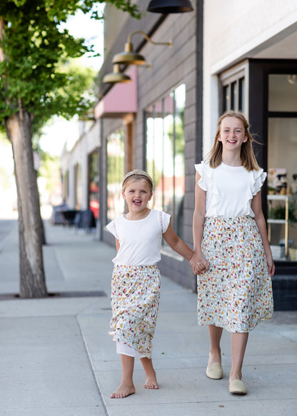 Girls Ivory Bright Floral Midi Skirt Skirts