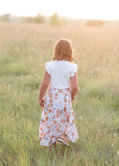 Girls Ivory Floral Elastic Waist Midi Skirt Skirt