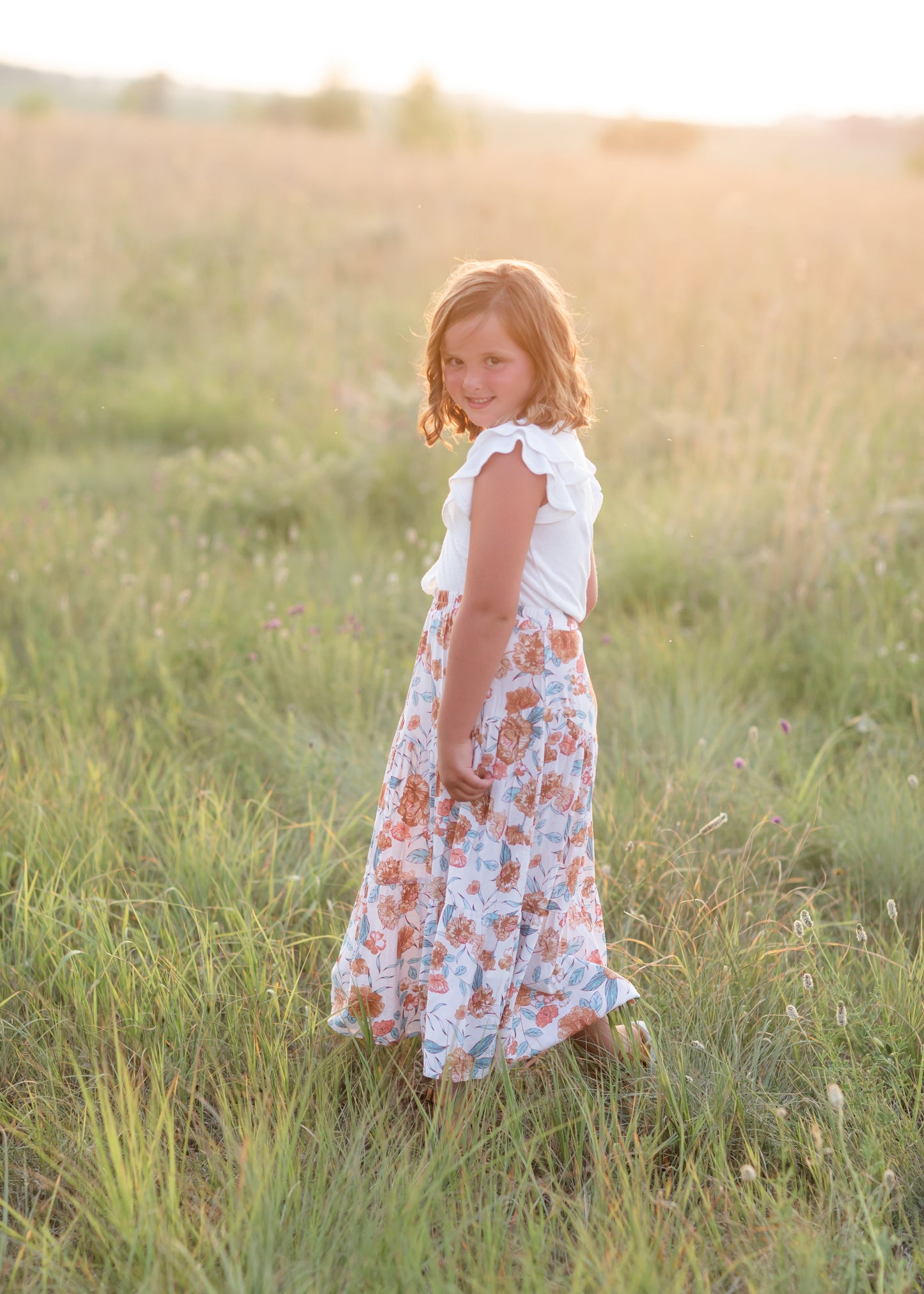 Girls Ivory Floral Elastic Waist Midi Skirt Skirt