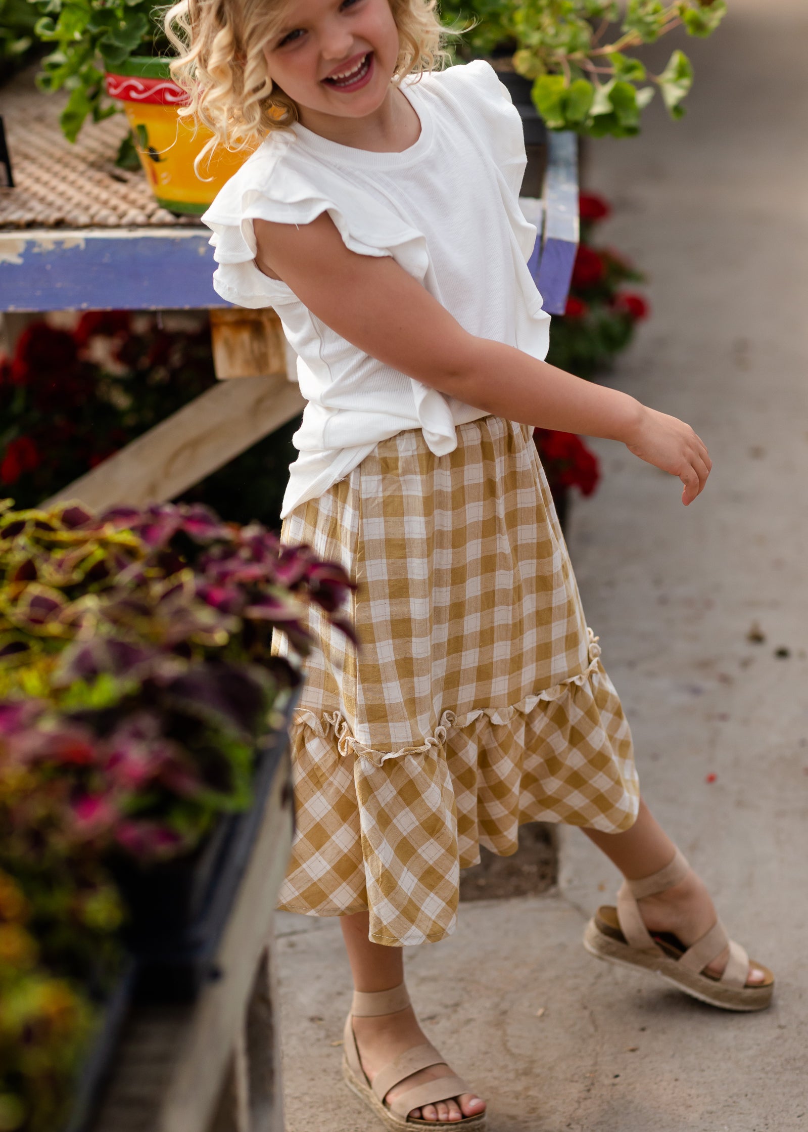 Girls Mustard Checkered Midi Skirt Girls