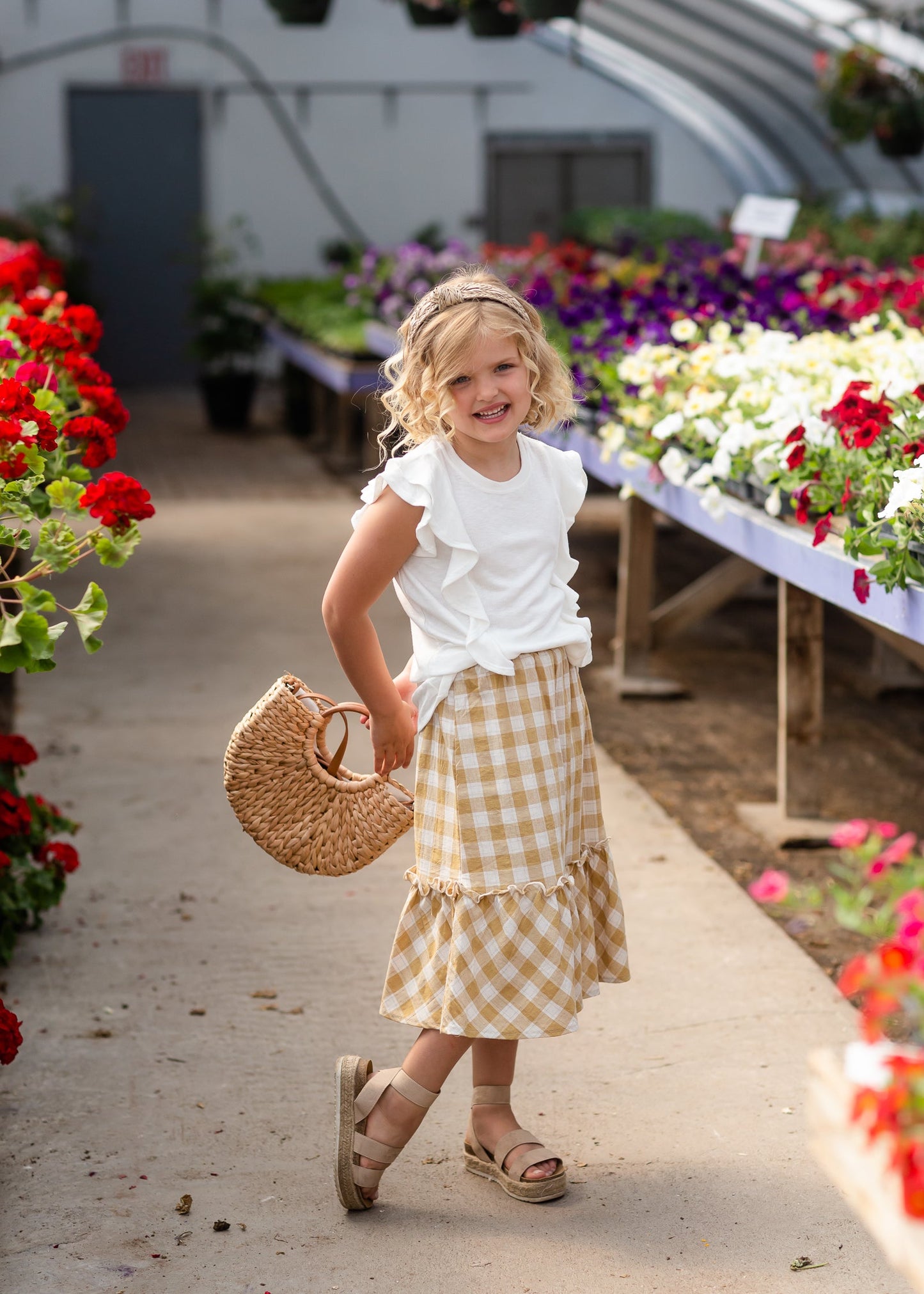 Girls Mustard Checkered Midi Skirt Girls