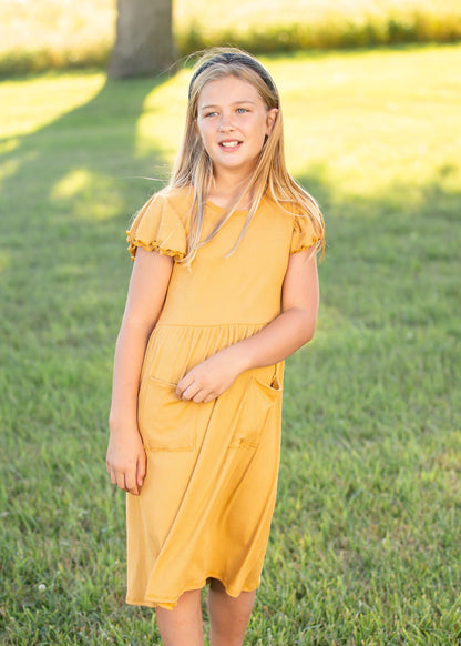 Girls Mustard Ribbed Ruffle Sleeve Midi Dress Girls