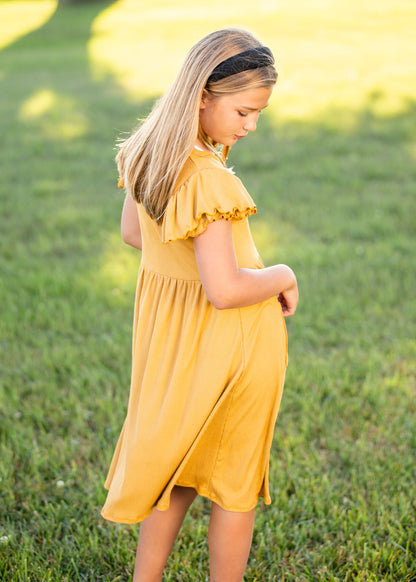 Girls Mustard Ribbed Ruffle Sleeve Midi Dress Girls