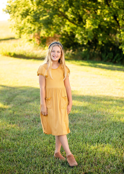 Girls Mustard Ribbed Ruffle Sleeve Midi Dress Girls