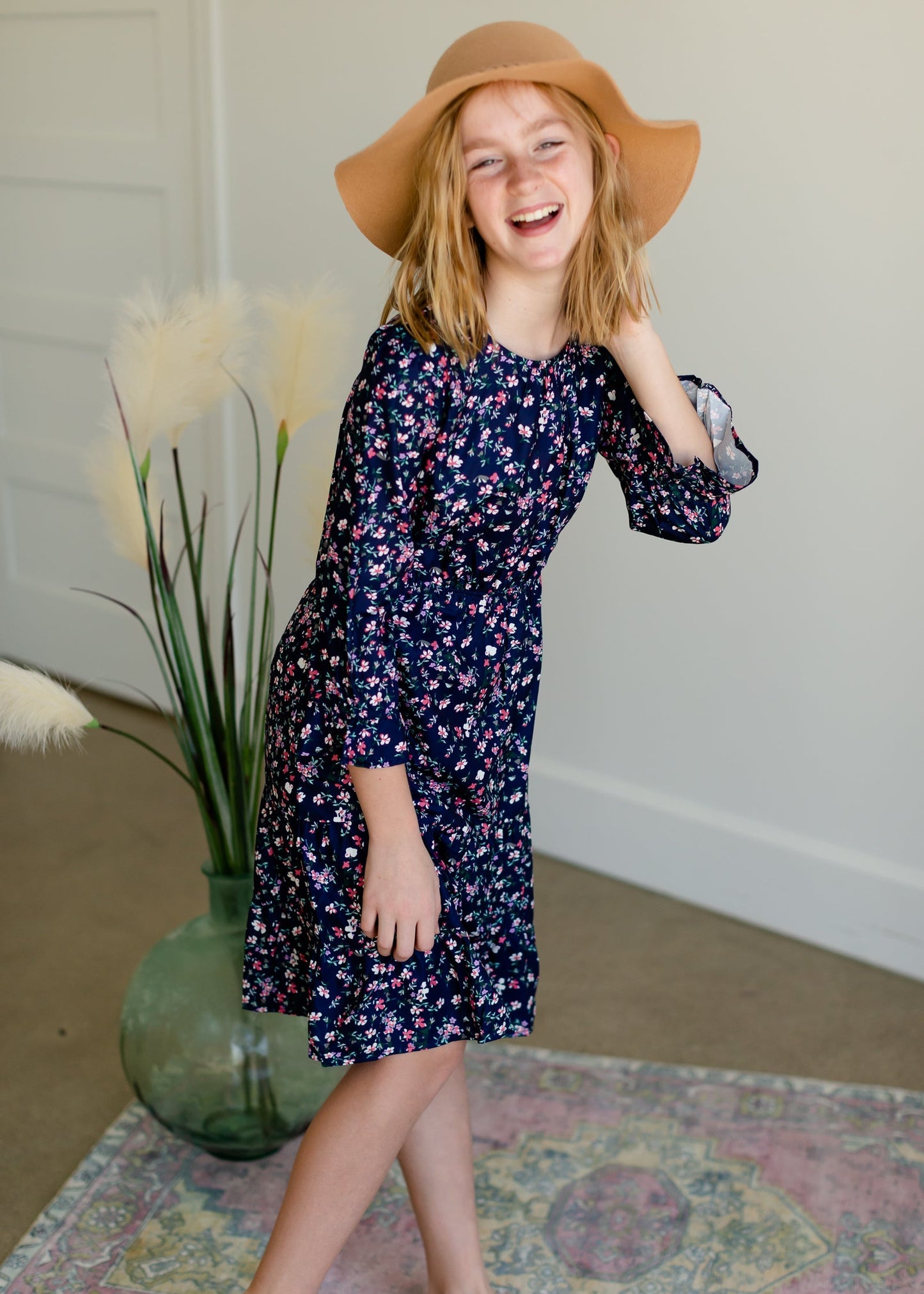 Girls Navy Floral Midi Dress Girls