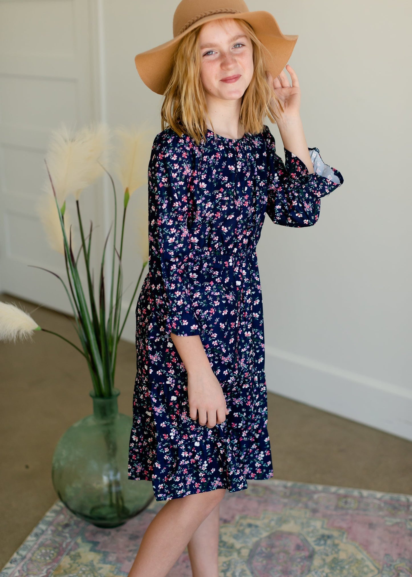 Girls Navy Floral Midi Dress Girls