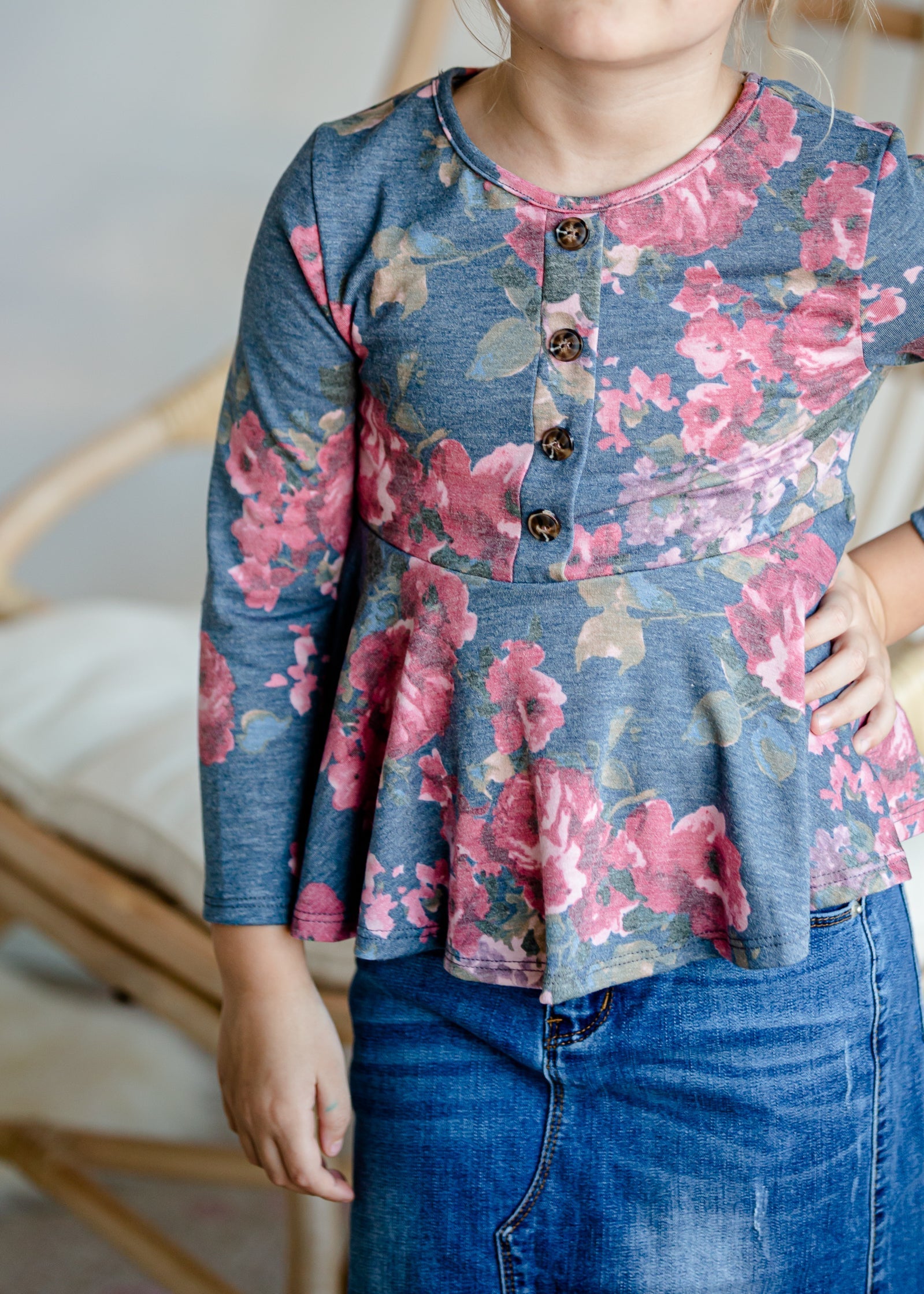 Girls Navy Floral Peplum Top - FINAL SALE Tops