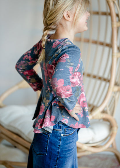 Girls Navy Floral Peplum Top - FINAL SALE Tops